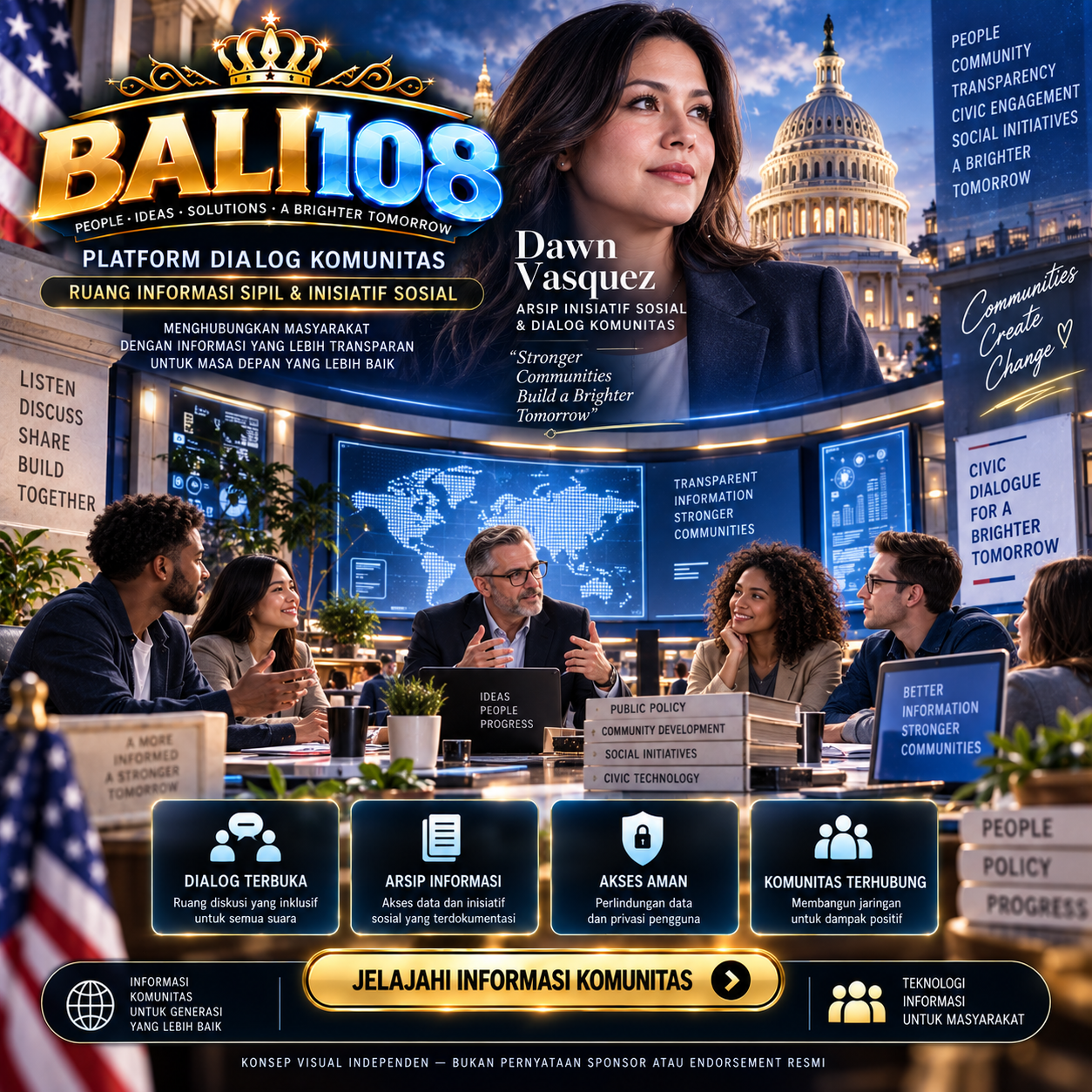 Visual dialog komunitas dan informasi sipil Dawn Vasquez didukung BALI108